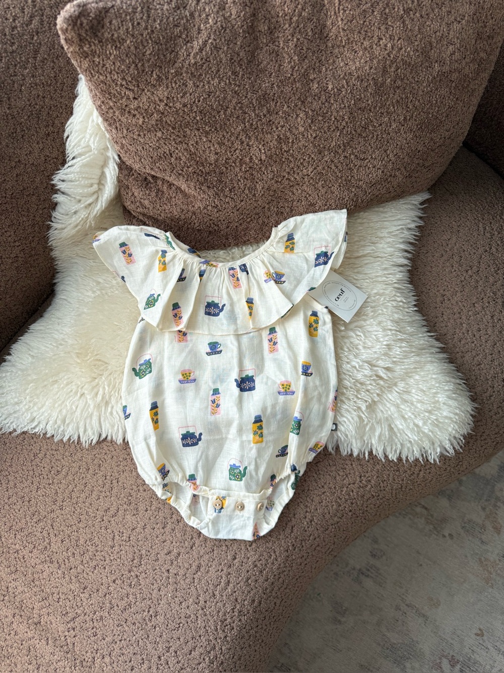 Oeuf Baby Romper with Ruffle Collar in Gardenia Cream Tea Time Print